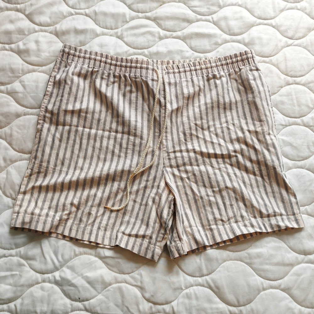 Jed Vintage Striped Cotton Shorts Beige Black Elastic Waist Drawstring Large